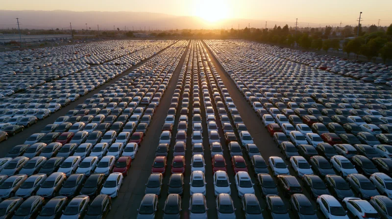 Aerial drone view of rows of cars in a vast outdoor storage lot at sunset