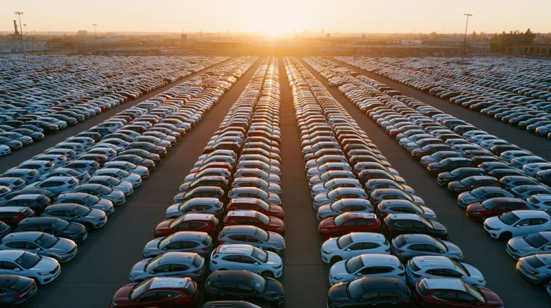 Aerial view of rows of cars parked in a vast storage lot at sunset