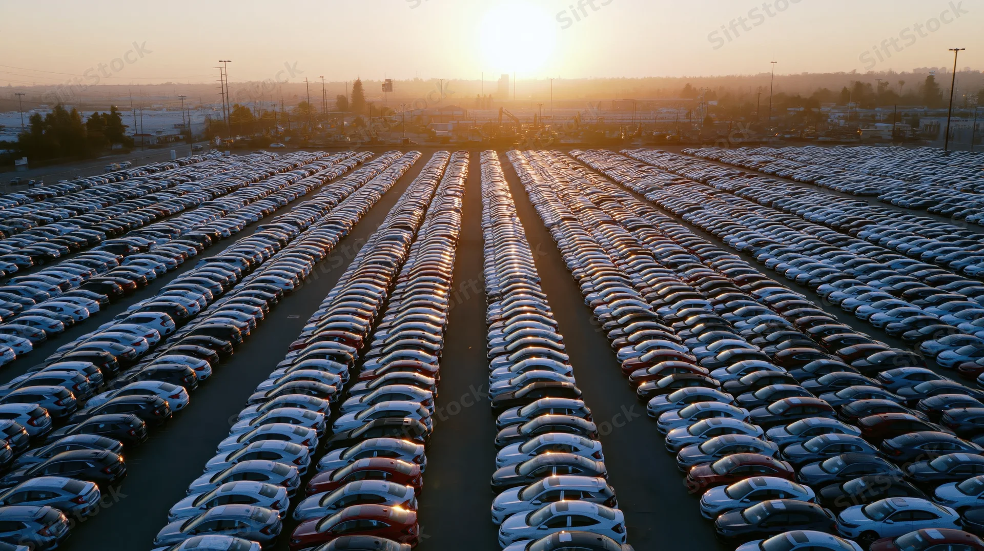 Aerial view of rows of cars parked in a vast outdoor storage lot at sunset