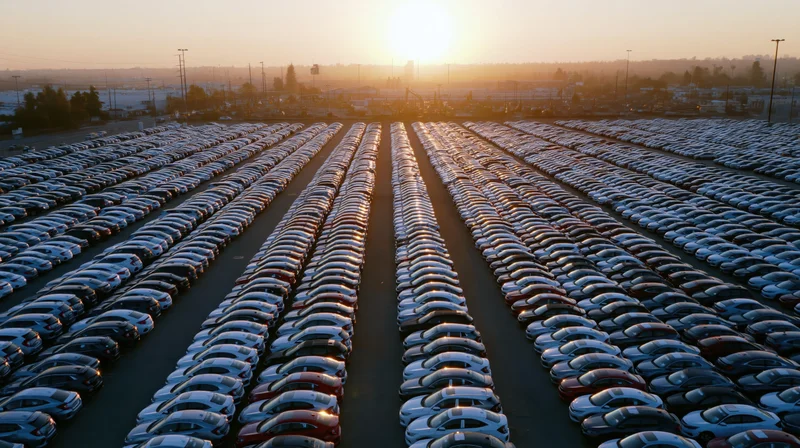 Aerial view of rows of cars parked in a vast outdoor storage lot at sunset