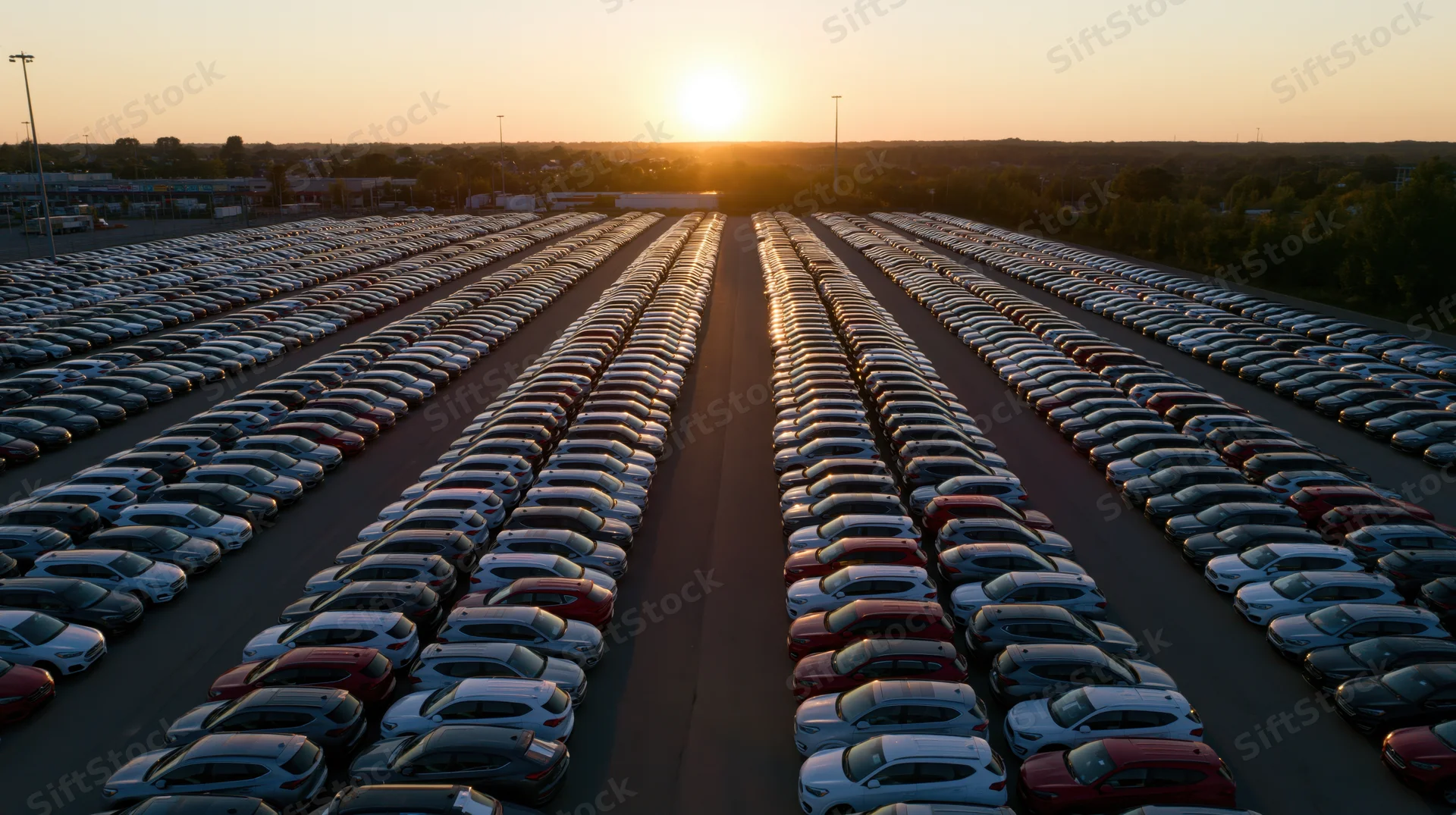 Aerial view of rows of cars parked in a vast outdoor storage lot at sunset