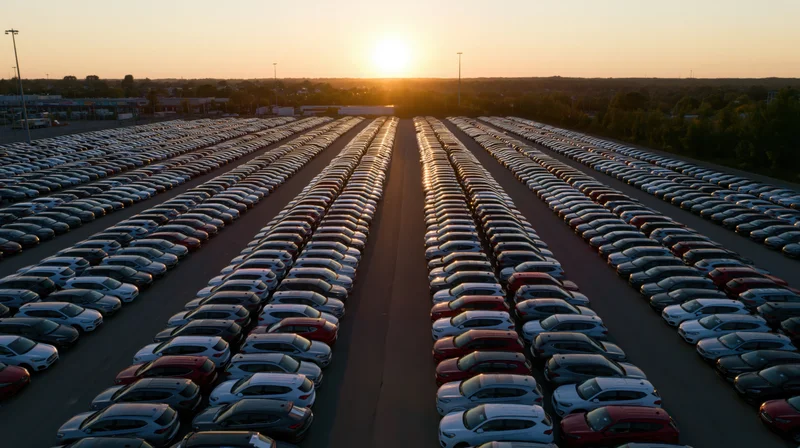 Aerial view of rows of cars parked in a vast outdoor storage lot at sunset