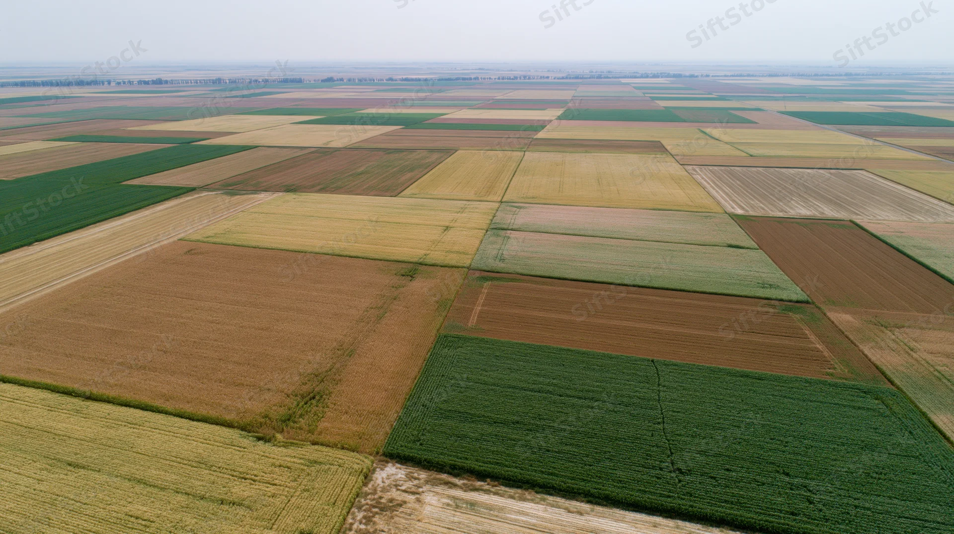 Aerial view of patchwork farmland fields in rural landscape