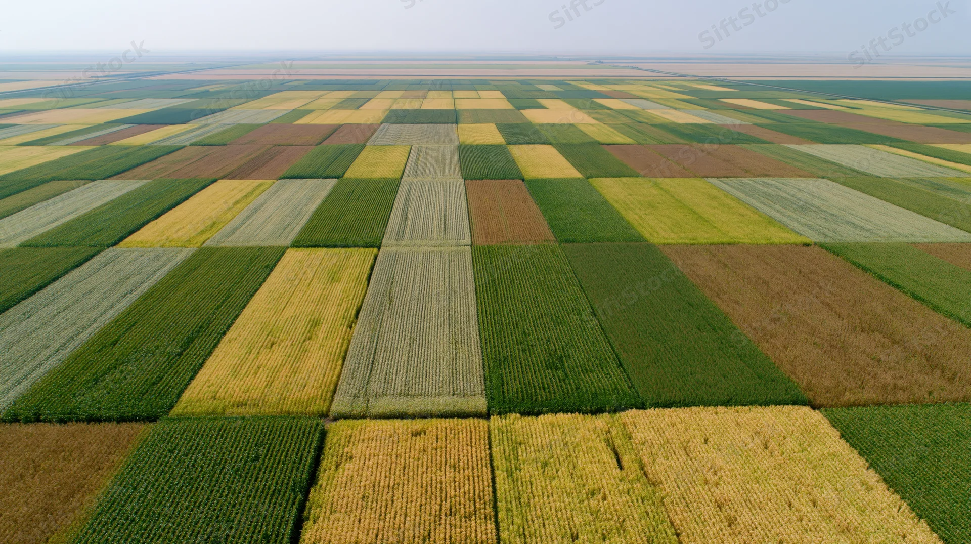 Aerial view of farmland fields arranged in a geometric patchwork pattern from above