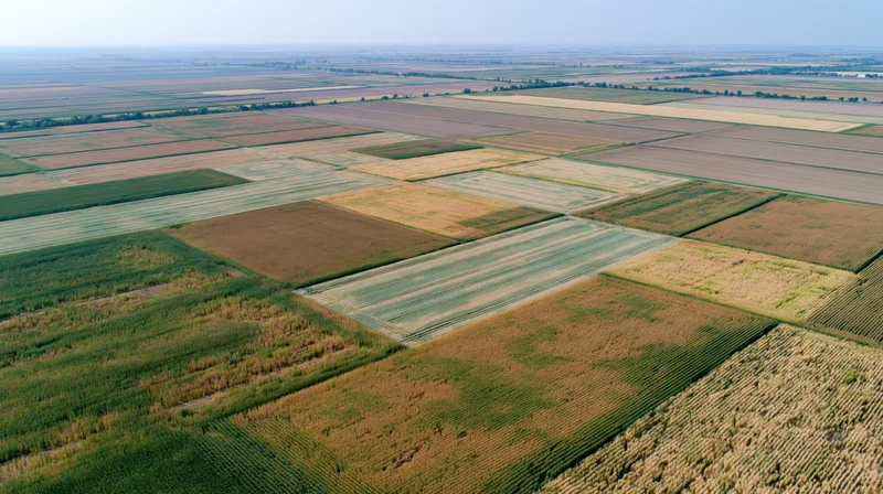 Aerial view of cultivated farmland fields arranged in a grid pattern under daylight