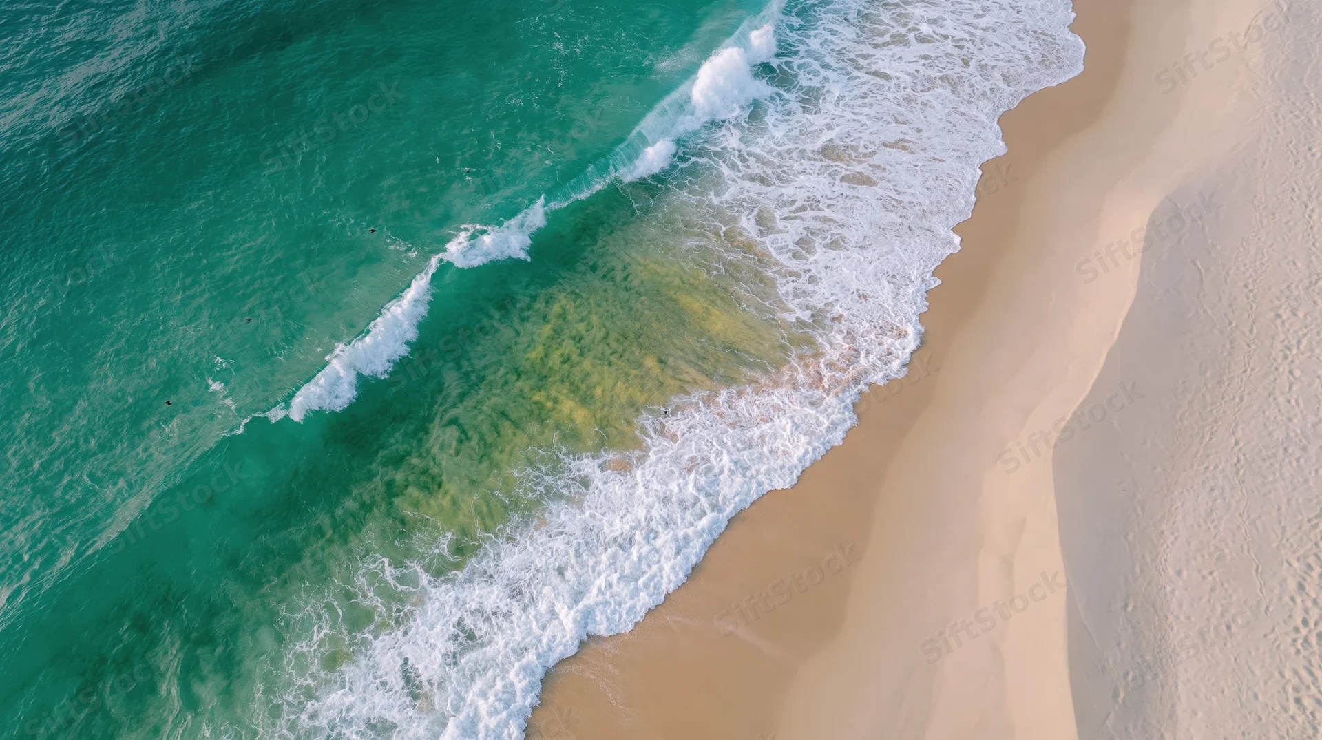 Aerial view of waves breaking on a sandy beach from directly above