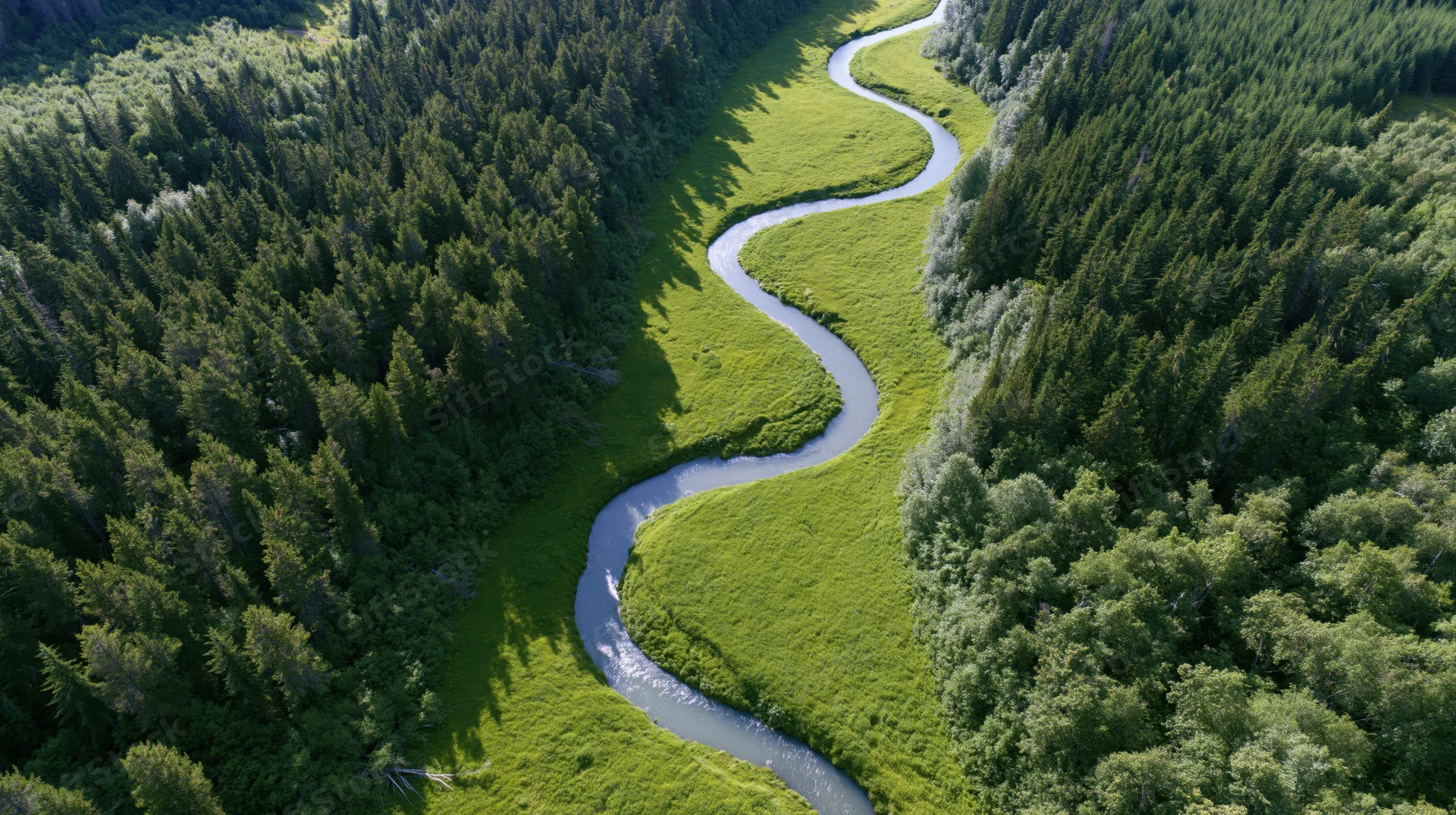 Aerial view of a winding river flowing through a green forested valley