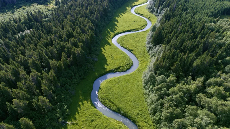 Aerial view of a winding river flowing through a green forested valley