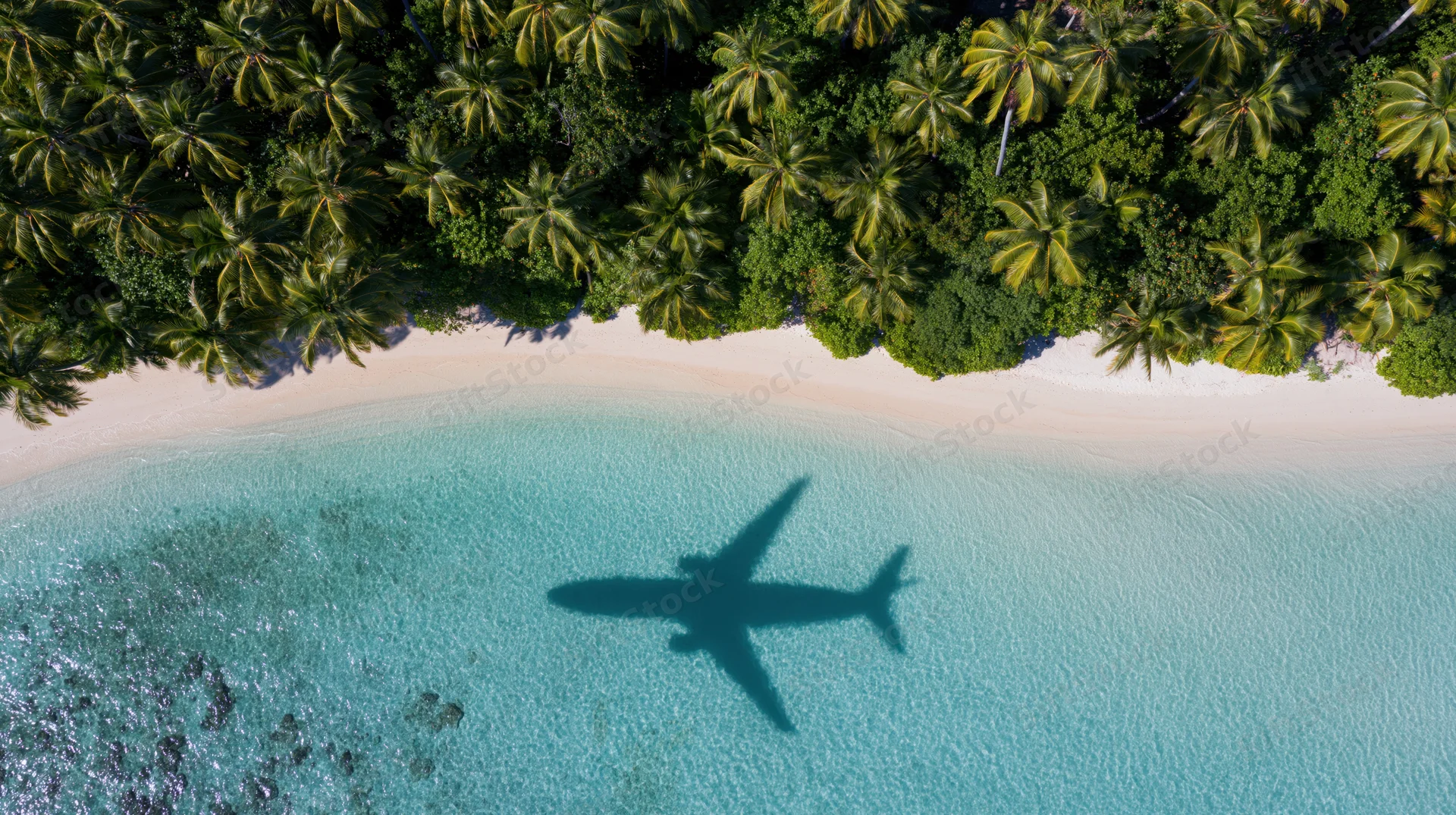 Aerial view of tropical island beach with airplane shadow on turquoise water