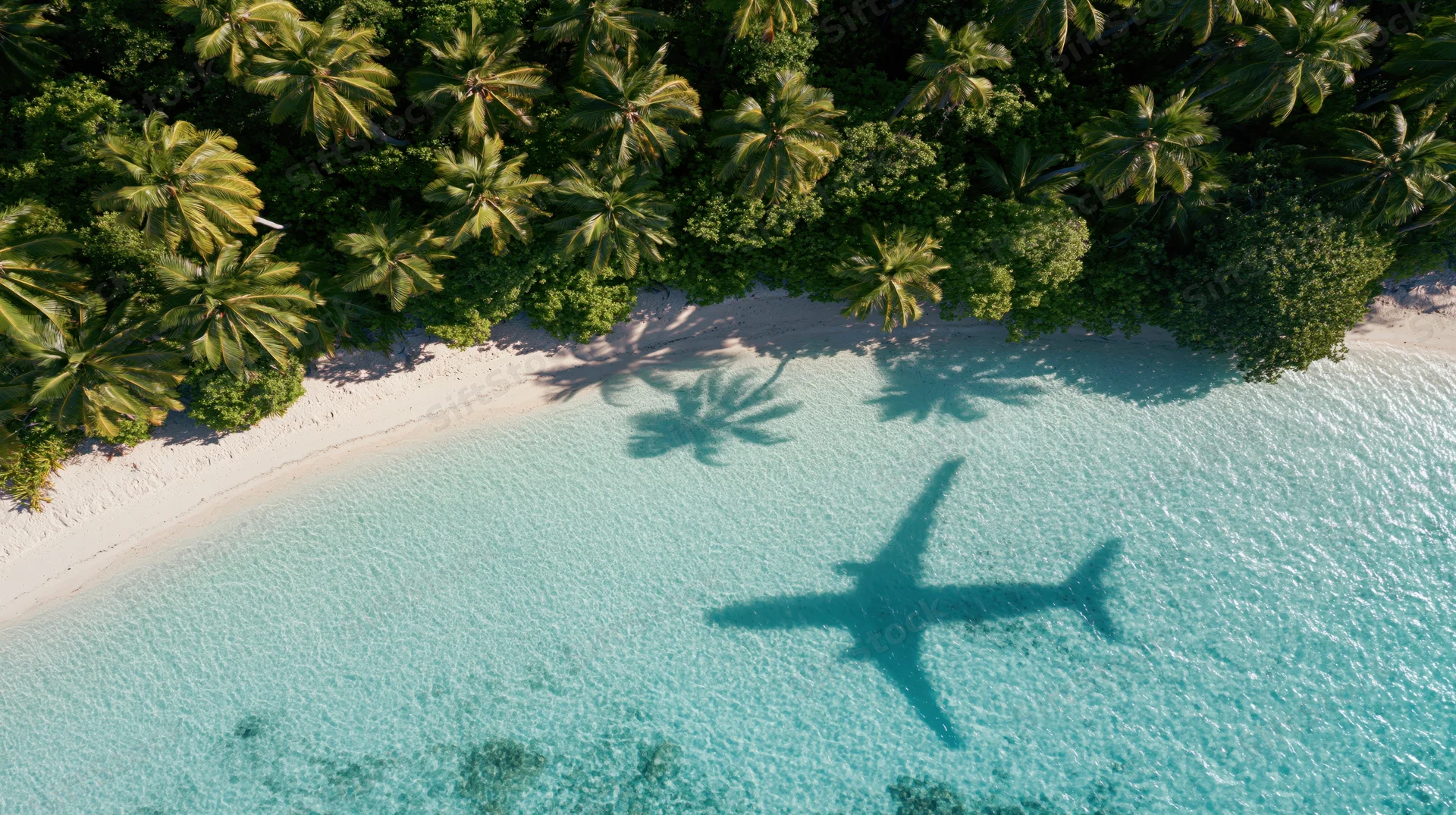 Aerial view of tropical island beach with palm trees and airplane shadow on turquoise water