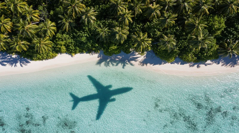 Aerial view of tropical island with airplane shadow on turquoise water and palm-lined beach