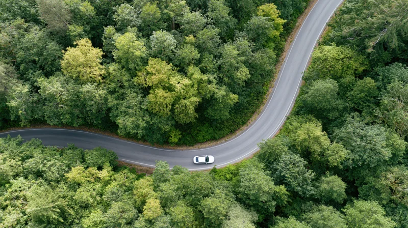 White sedan driving on winding road through dense green forest from aerial view