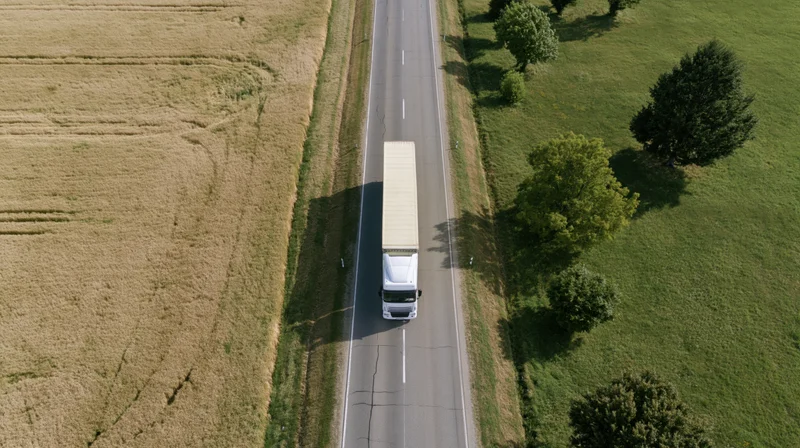 White semi-truck driving on a rural highway flanked by golden fields and green pasture viewed from directly above