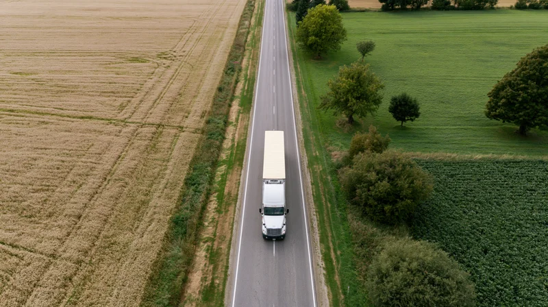 White semi-truck driving on a straight highway between harvested fields and green farmland