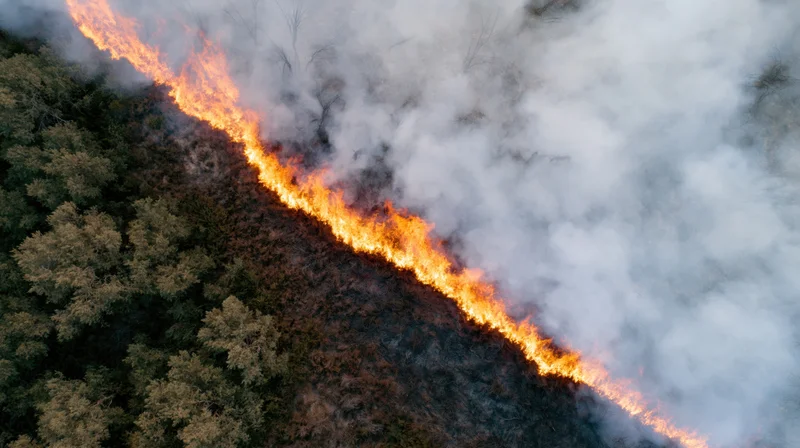 Aerial view of wildfire burning through forest landscape with thick smoke rising