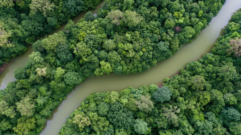 Winding river cutting through dense tropical rainforest canopy from above