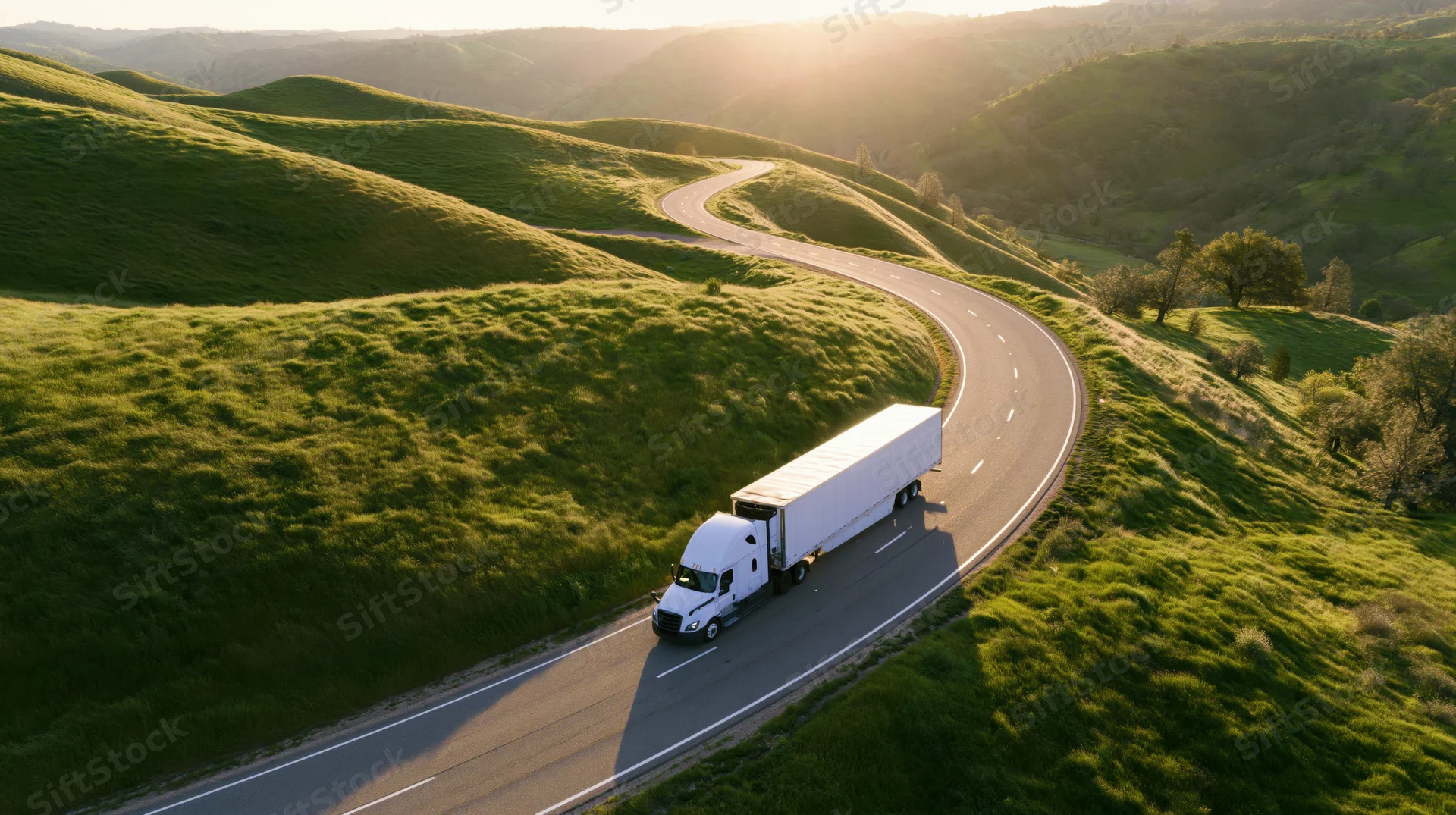 White semi-truck driving on winding highway through green rolling hills at sunset