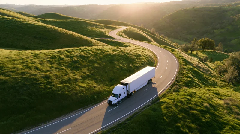 White semi-truck driving on winding highway through green rolling hills at sunset