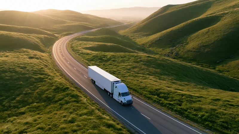 White semi-truck driving on winding highway through green rolling hills at sunset
