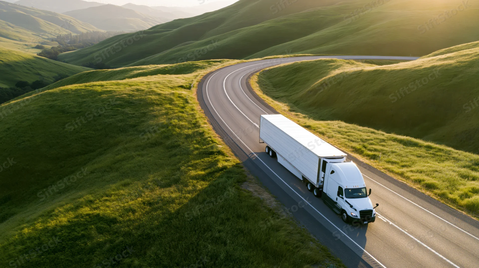 White semi-truck with refrigerated trailer driving on winding highway through green rolling hills at sunset