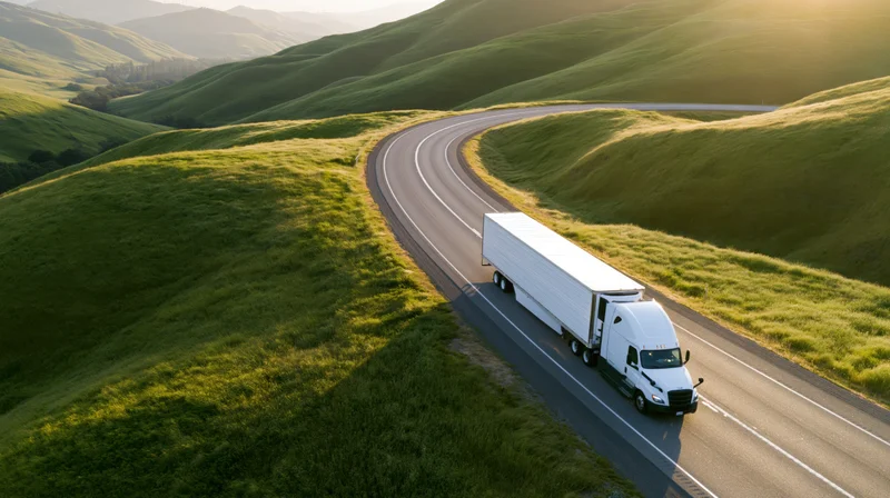 White semi-truck with refrigerated trailer driving on winding highway through green rolling hills at sunset