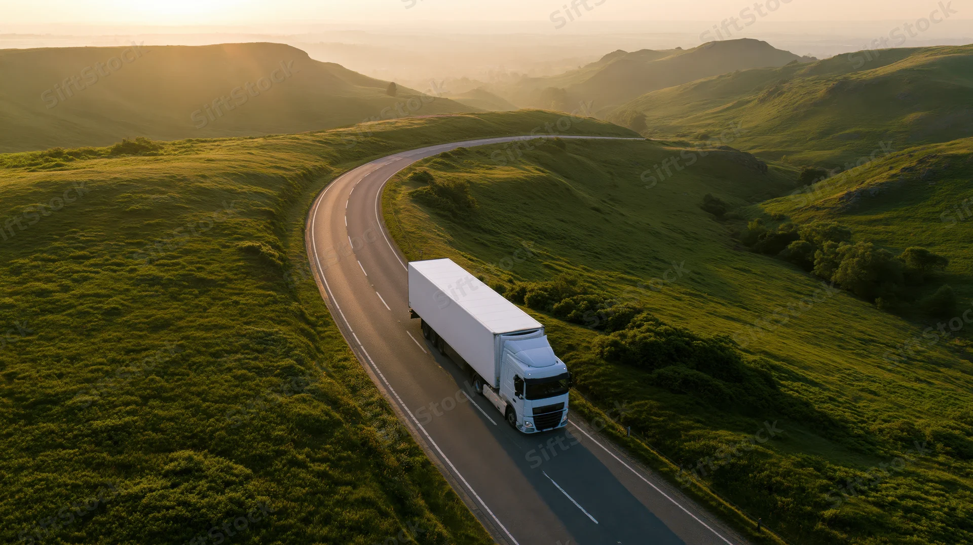 White semi-truck driving on curved highway through green hills at sunset