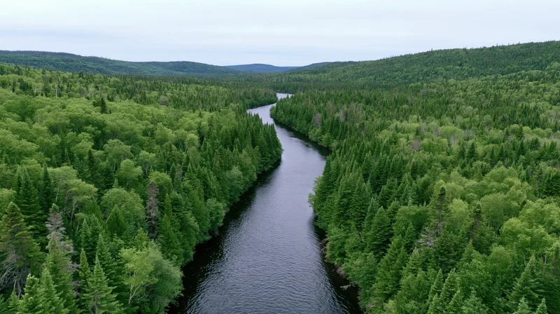 Aerial drone view of a dark winding river cutting through dense green forest in a remote valley