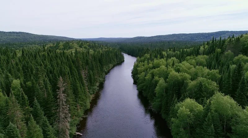 Aerial view of a dark winding river flowing through dense evergreen forest in a remote wilderness landscape