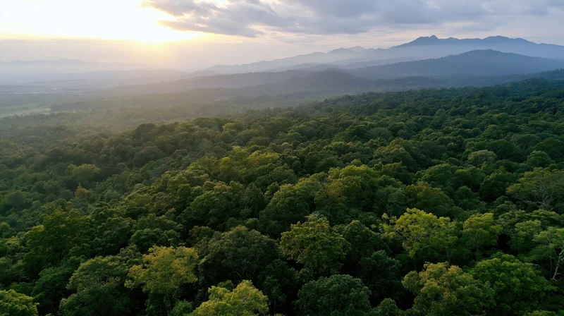 Aerial drone view of dense tropical rainforest canopy stretching toward misty mountains at sunrise