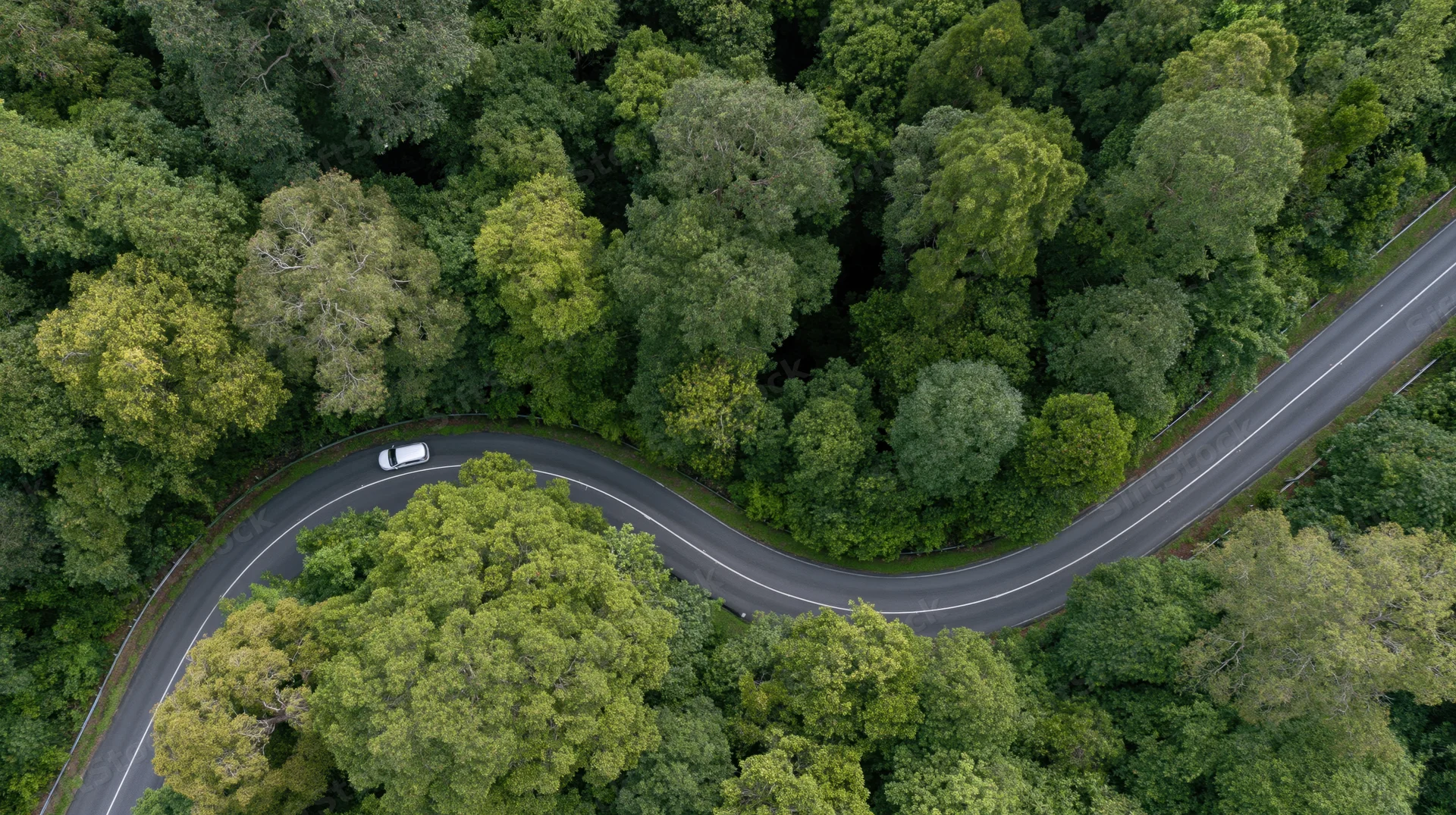 Aerial view of a winding road through dense green forest with a white car driving along the curve