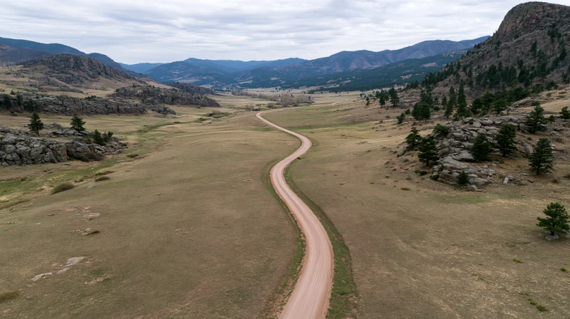 Aerial drone view of a winding dirt road through a mountain valley with grassland and rocky outcrops