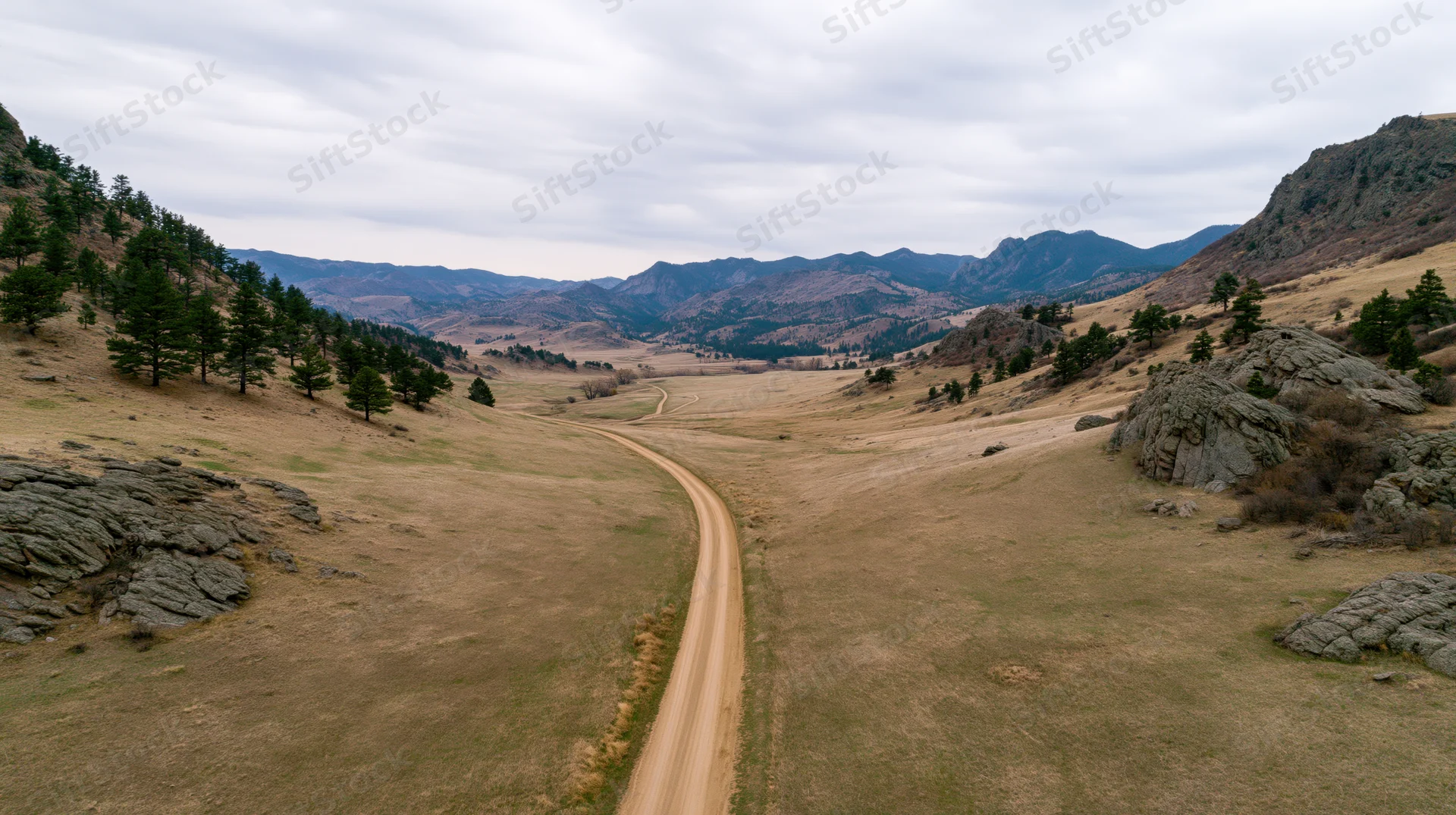 Aerial view of a winding dirt road through a mountain valley with grassland and scattered pine trees