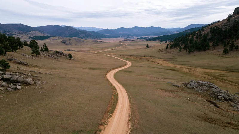 Aerial view of a winding dirt road through a vast grassy valley surrounded by mountains
