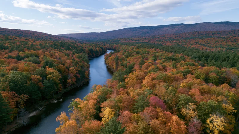 Aerial drone view of a winding river cutting through dense autumn forest in a mountain valley