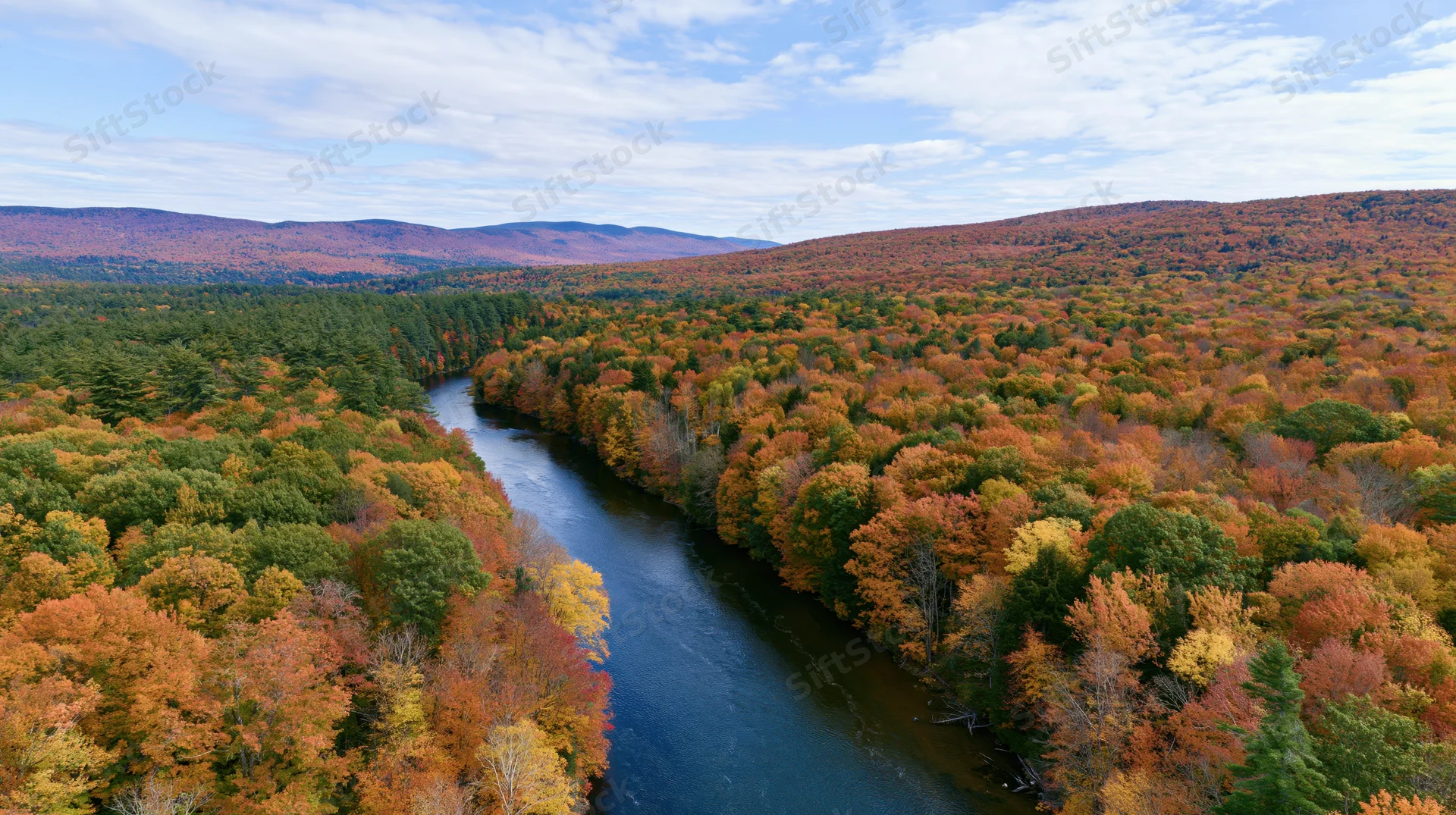 Aerial view of a winding river flowing through a dense autumn forest with colorful foliage and distant mountains under a partly cloudy sky
