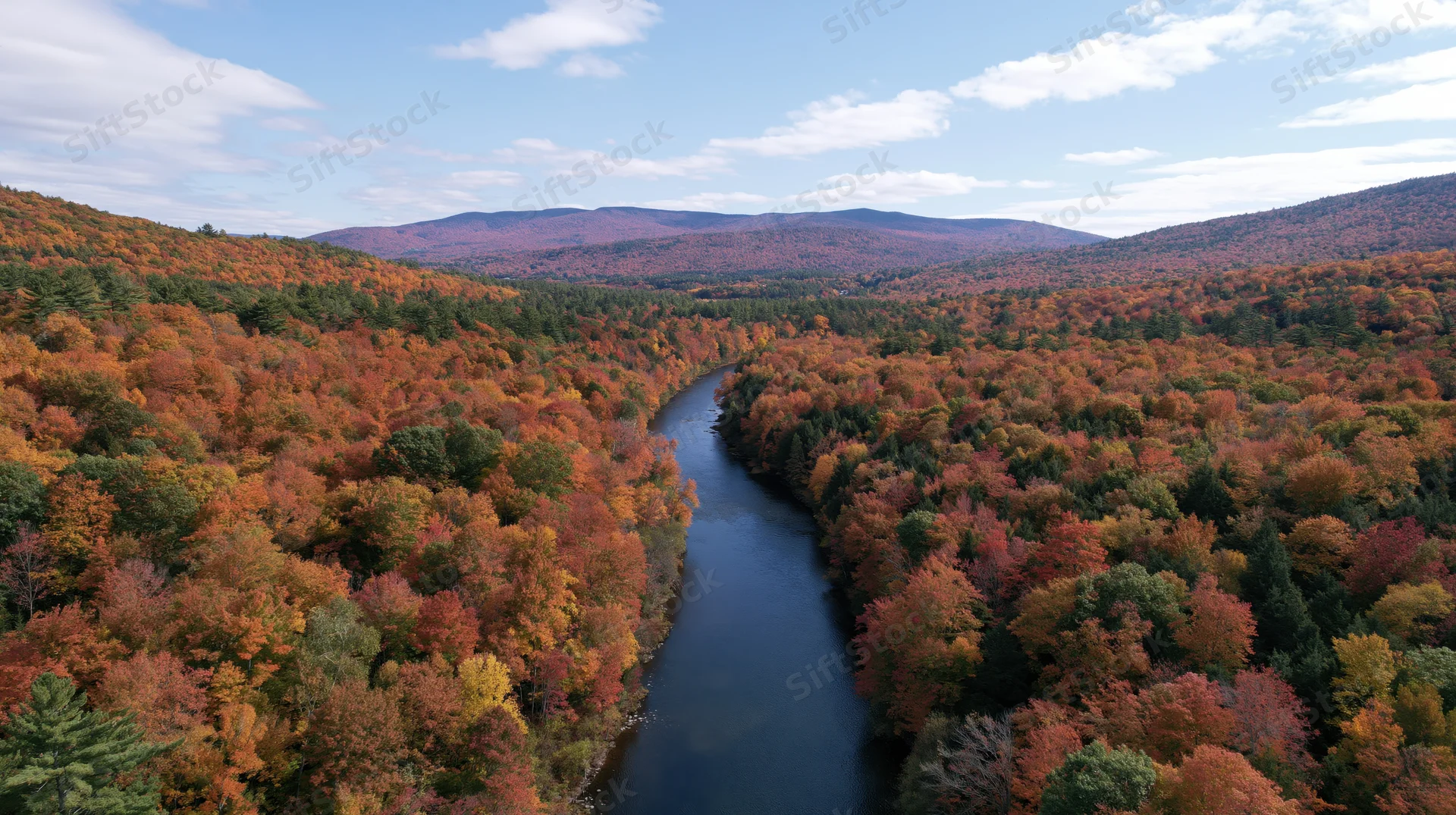 Aerial drone view of a winding river cutting through dense autumn forest with colorful foliage and distant mountains under a partly cloudy sky