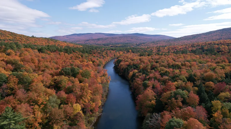 Aerial drone view of a winding river cutting through dense autumn forest with colorful foliage and distant mountains under a partly cloudy sky