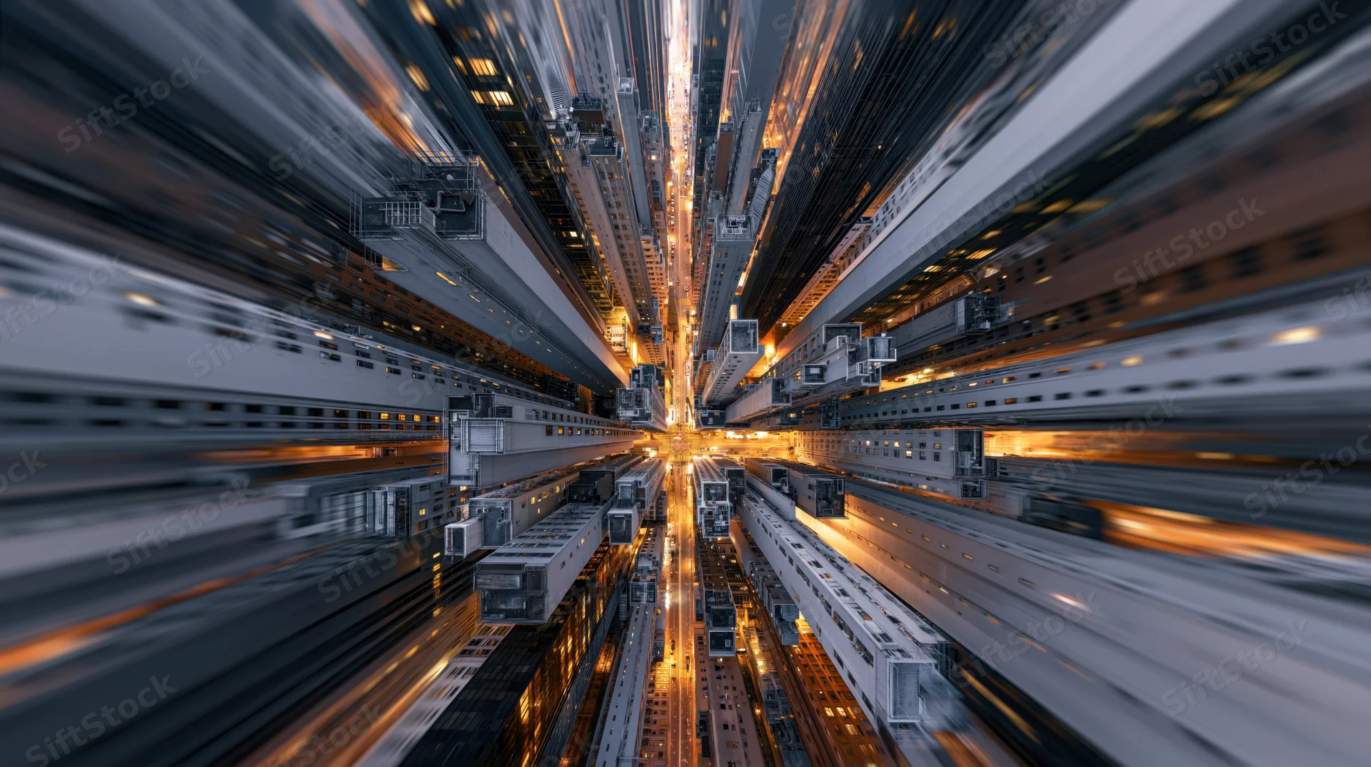 Aerial view looking down through a canyon of dense urban skyscrapers at night with motion blur and glowing lights