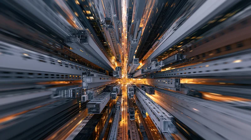 Aerial view looking down through a canyon of dense urban skyscrapers at night with motion blur and glowing lights
