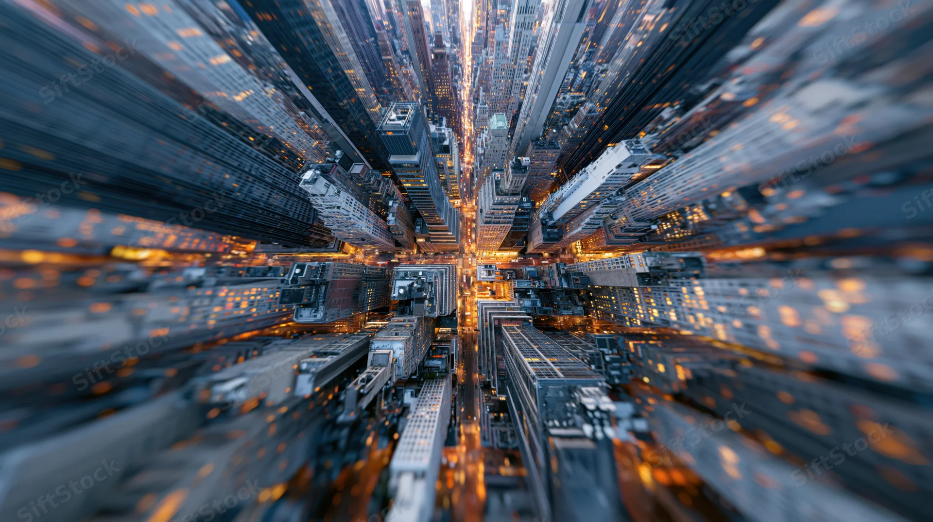 Aerial view looking down through a dense canyon of skyscrapers in a modern city at twilight