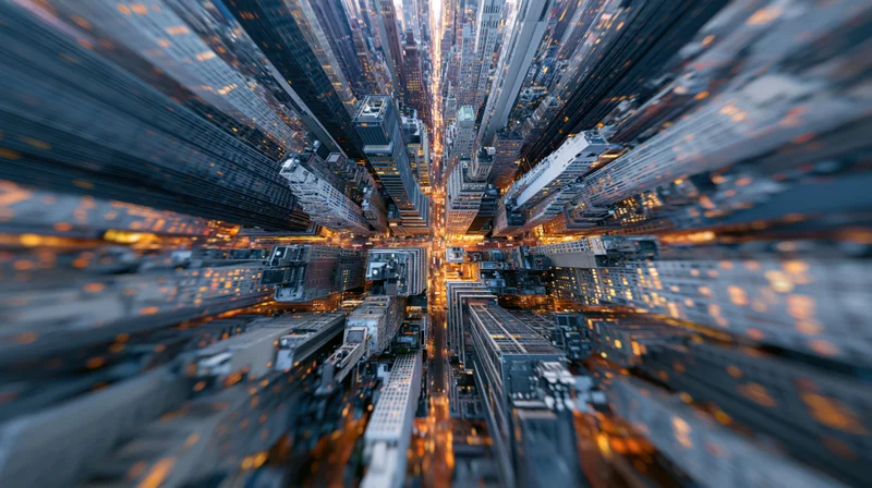 Aerial view looking down through a dense canyon of skyscrapers in a modern city at twilight