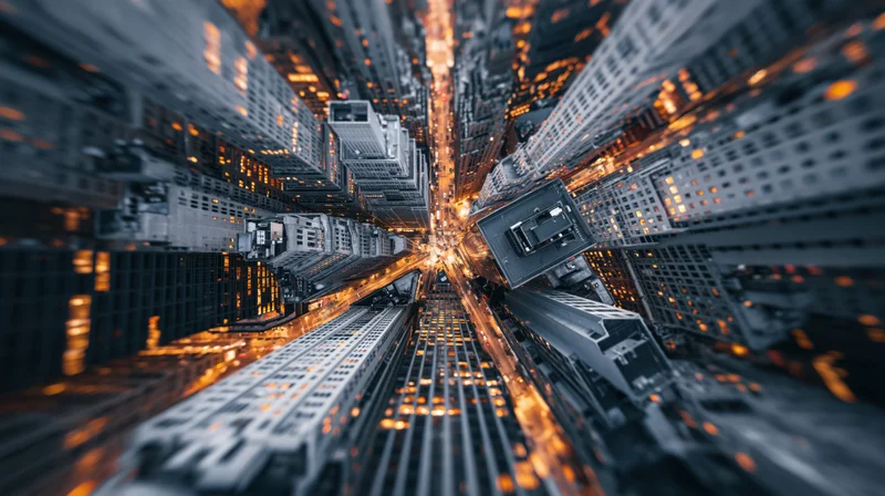 Aerial view looking down a dense canyon of skyscrapers at night with glowing lights and reflections