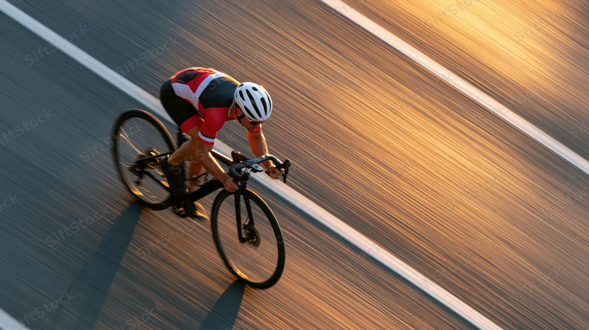 Overhead view of a cyclist sprinting on a road at sunset