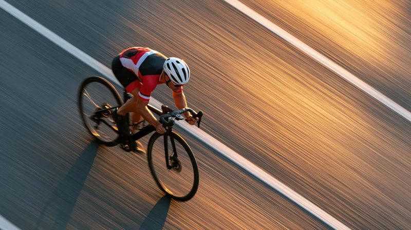 Overhead view of a cyclist sprinting on a road at sunset