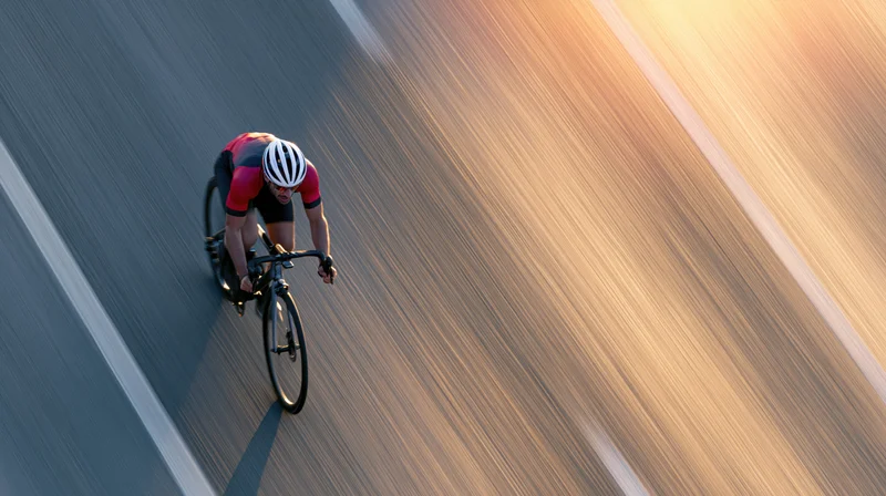 Overhead view of a male cyclist sprinting on a road in a racing posture