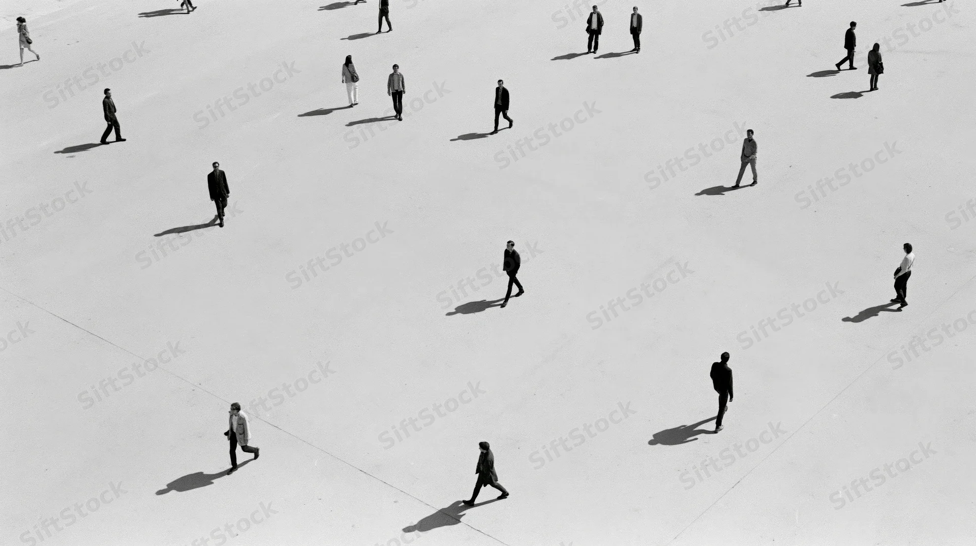 Aerial view of scattered people walking across a wide urban plaza