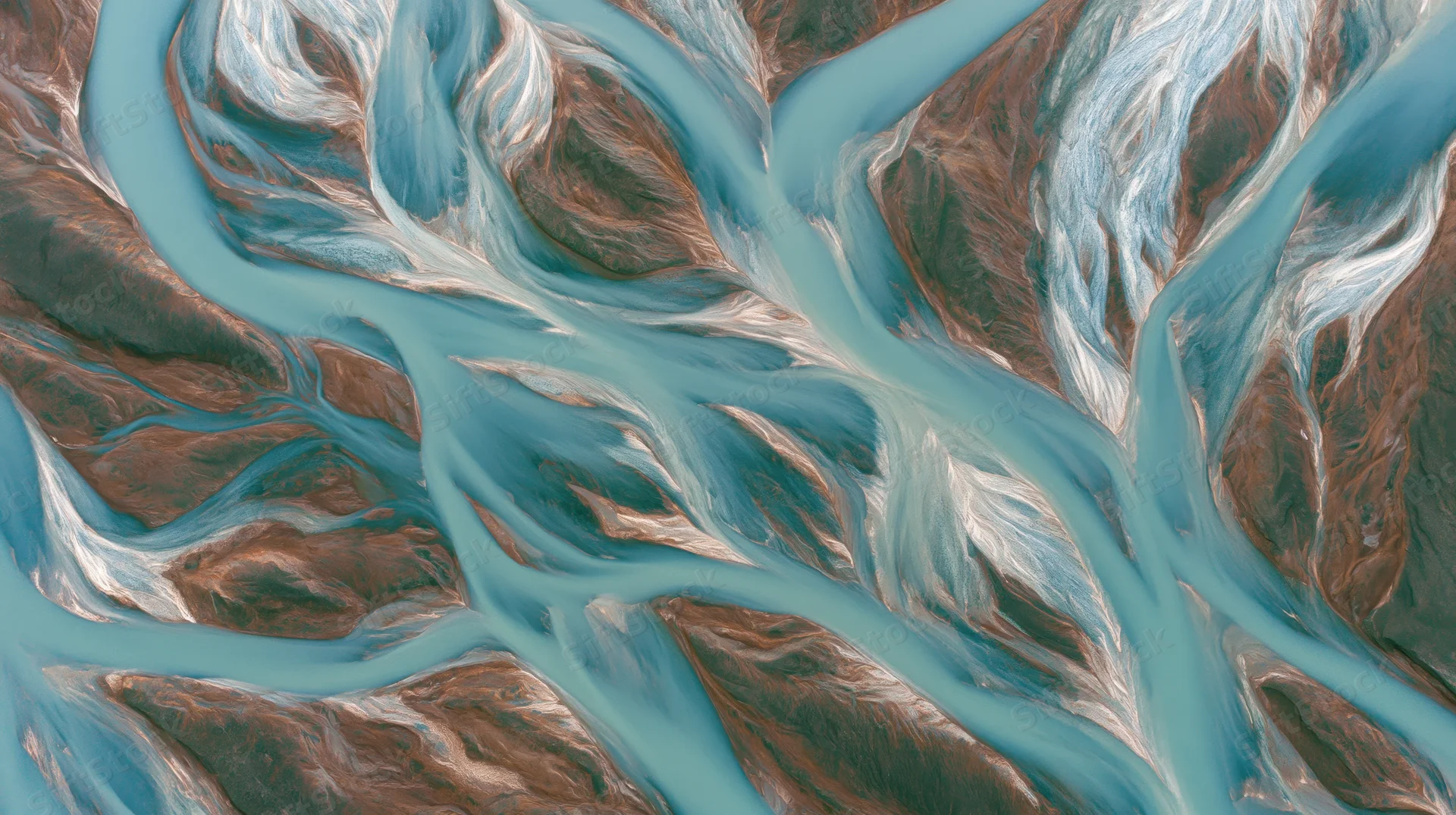 Aerial view of a braided glacial river delta flowing through rugged terrain