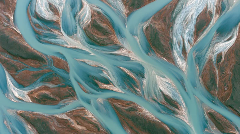 Aerial view of a braided glacial river delta flowing through rugged terrain