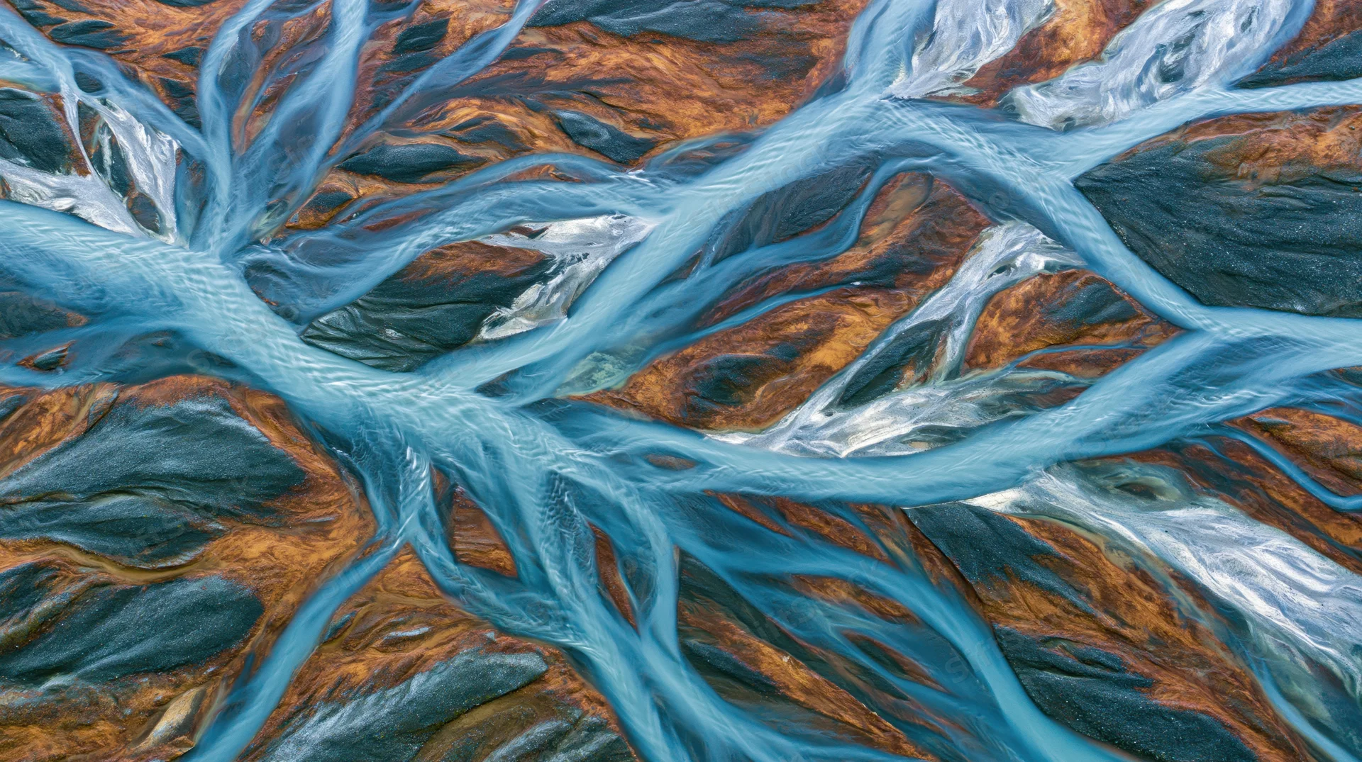 Aerial view of a braided glacial river delta flowing over rocky terrain