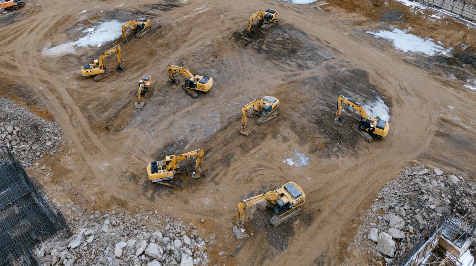 Aerial top-down view of multiple yellow excavators operating on a muddy construction site with snow patches and debris piles